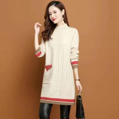 Damen Herbst Winter Dicke mittellange koreanische Pendel lockere halbhohe Kragen Patchwork Tasche Knopf Strickpullover Kleider