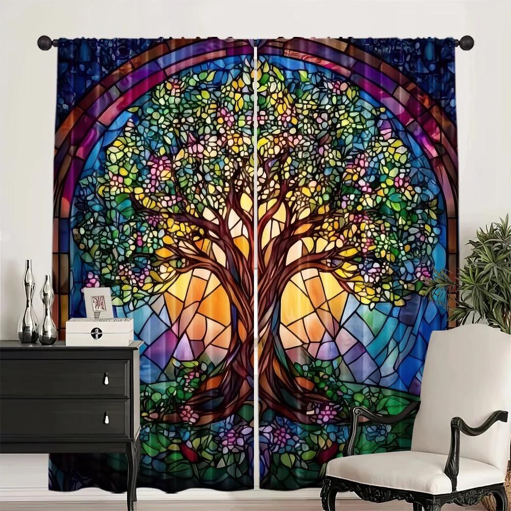 2pcs Colorful Floral Tree Curtains   Window Decor Polyester Rod Pocket Drapes for Home Decor  Living Room  Bedroom