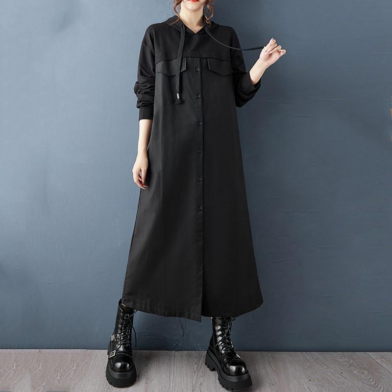 Long Sleeve Plus Size Black Vintage Hooded New In Dresses for Women Spring Autumn Casual Loose Dress