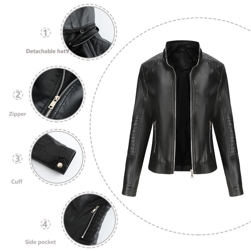 Women's Spring and Autumn Hooded Leather Jacket Women's Removable Hat Windproof Jacket Short Casual Jacket