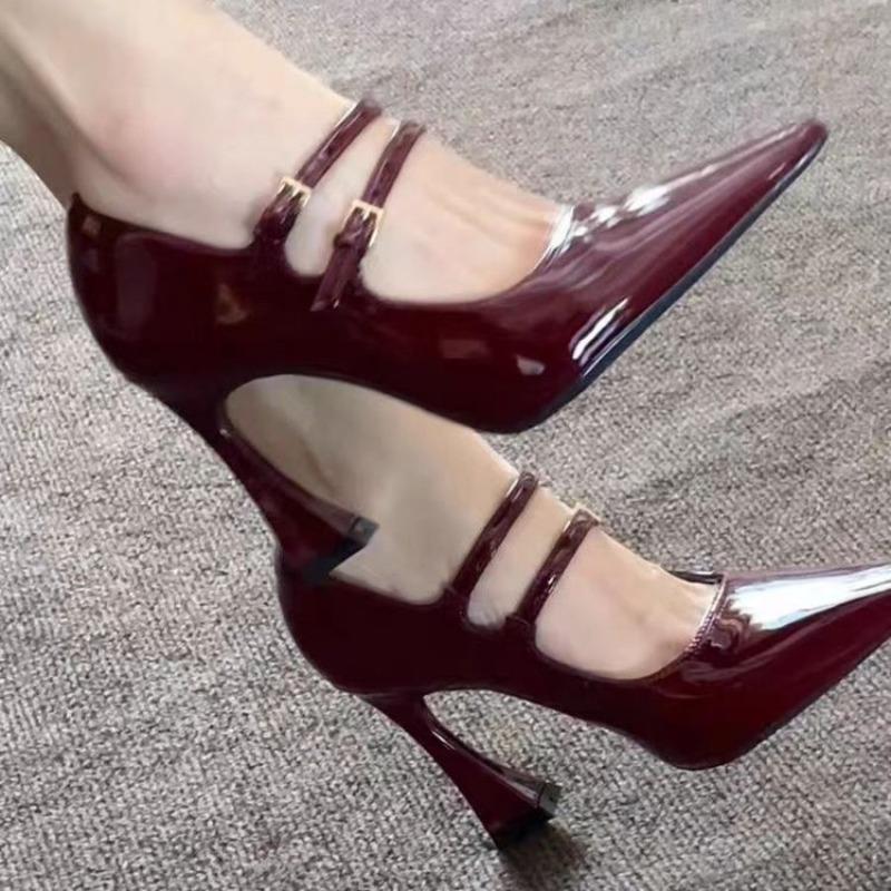 2025 New Fashion Double Buckle Strap Women Pumps Sexy Black Patent Leather Pointed Toe Wedges High Heels Party Dress Shoes