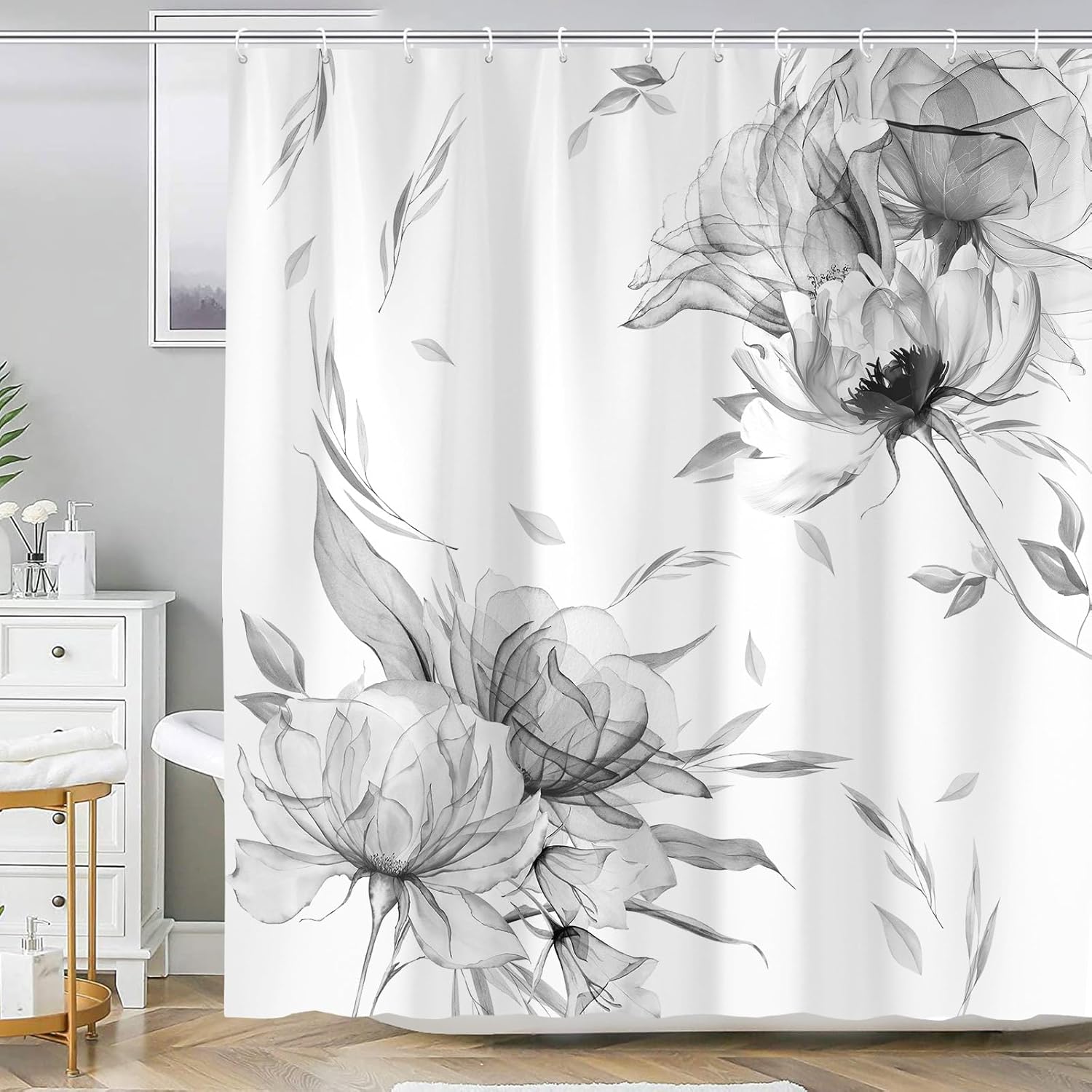 

Floral Shower Curtain - Purple & Grey Flowers, Rustic Farmhouse Boho Watercolor Design, Polyester, 12 Hooks, Bath Decor W60H190(CM)-1 Pcs