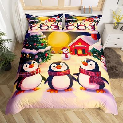 Cartoon Penguin Duvet Cover Full King for Girls Boys New  Gift Christmas Theme Bedding Set Christmas Tree Comforter Cover