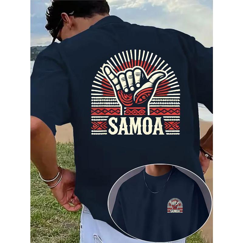 European Size Men's Summer Casual Short-Sleeve Crew Neck T-Shirt, Samoan Traditional Handprint Design, Exotic Vintage Short-Sleeve Top