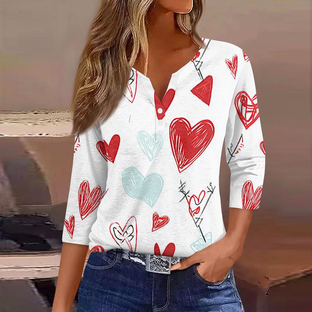 Camiseta feminina com estampa de botão, manga 3/4, moda diária de fim de semana, básica, decote em V, top regular