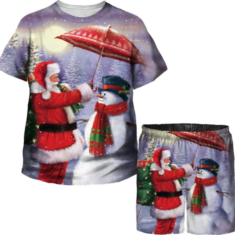 Boys Girls Funny Christmas T Shirts Shorts Sets Xmas Santa Claus 3D Printed Tees/Suits Kids Holiday Party Vacation Clothing Set