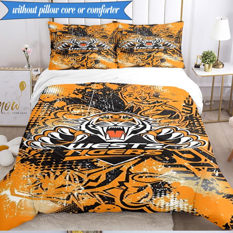 3PCS Wests Tigers Roar Strength And Pride Bedding Set 2D Printing (Includes 1 Duvet Cover + 2 Pillowcases Coreless), Bedroom decor,Fan gift