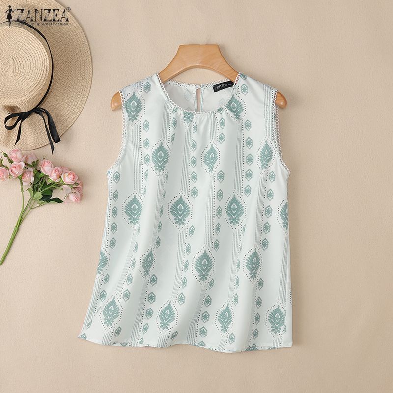 ZANZEA Women Casual Round Neck Loose Sleeveless Print Tank Tops
