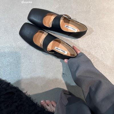 Square Head Retro Mary Jane Single Shoes Gentle Word with Flat Temperament Spring and Autumn Small Leather Shoes Evening Shoes