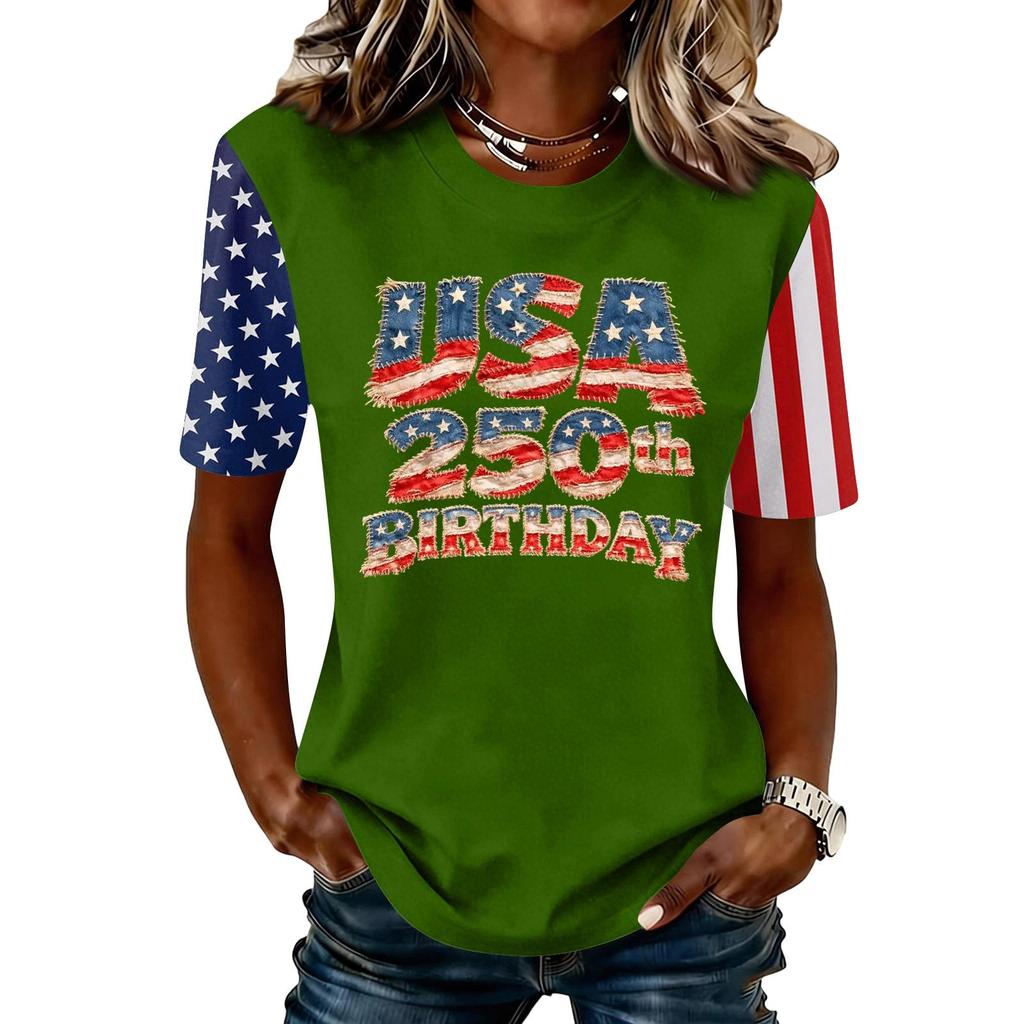 Blusa Feminina da Moda Casual de Manga Curta com Estampa e Gola Redonda