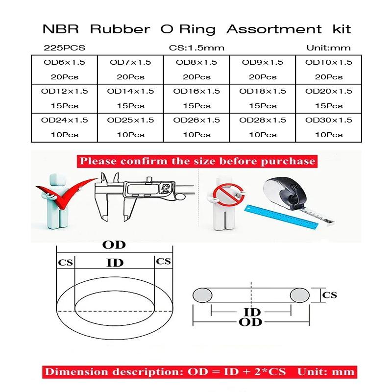 NBR Black O-Ring Assortment Kit 1 Box Of 225Pcs CS 1.5mm OD 6mm~30mm Nitrile Seals for Pumps/Valves Durable Mechanical Sealing