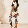 Women Plus Size Two Piece Set Round Neck Short Sleeve Owl Printed Longline Top Fitted Long Pants
