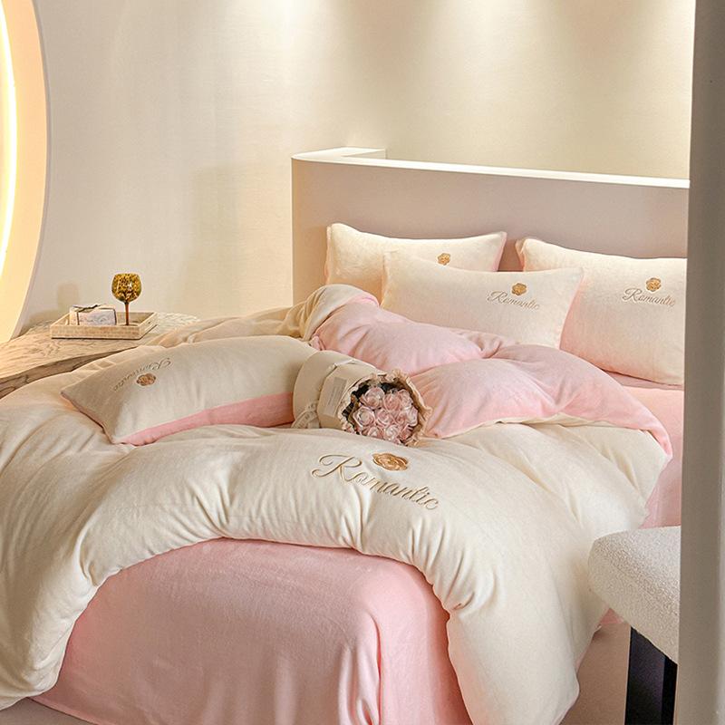 Winter Warm 4pcs Milk Embroidery Home Textile Bed Quilt Set Sheet