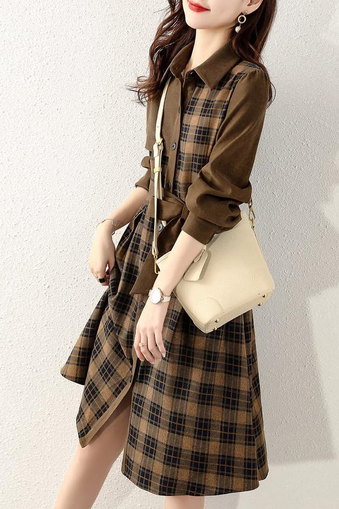 Chubikime Shirt Long Check Midi Ribbon Stylish for and Spring Women's Dress, Sleeve, Pattern, Length, A-Line, Detail, Turn-Down Collar, Elegant,