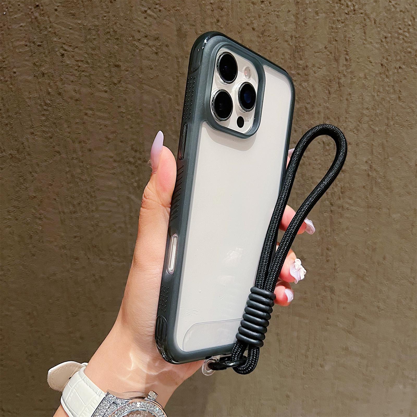 

For iPhone 16 Pro Max Case Shockproof TPU+PC Phone Back Cover with Wrist Strap Black