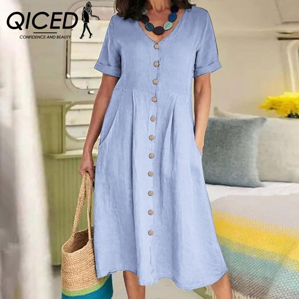 QICED Women Summer Casual Cotton V-Neck Short Sleeve Button Dress