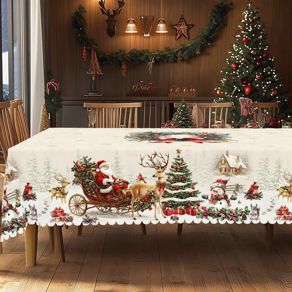 Christmas Vintage Farmhouse Tablecloth with Santa, Reindeer & Xmas Tree Prints. Rectangular & Round Sizes for Xmas/New Year Parties, Kitchen, Indoor &