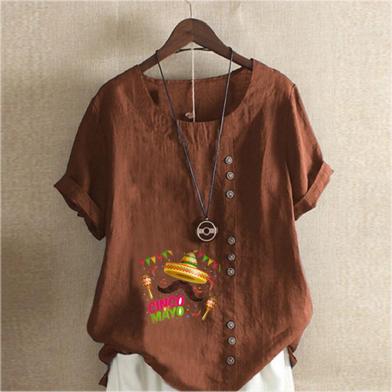 Women's Fashion Round Neck Short Sleeve T-shirt Casual Cotton Linen Graphic Shirt Leisure Loose Beard Prined Summer Blouse Tops