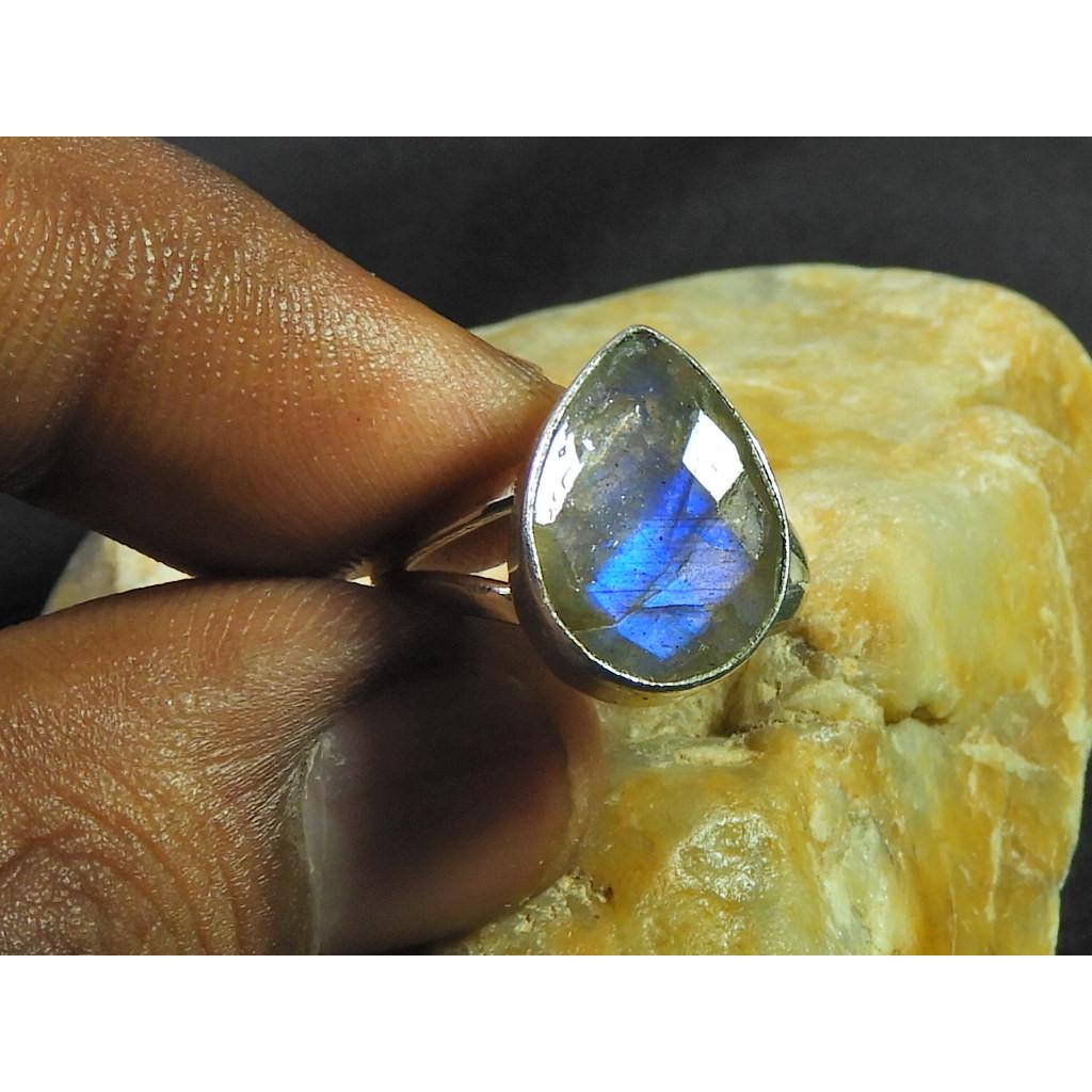 Natural Labradorite 925 Sterling Silver Pear Handmade Vintage Ring Size US-7 MK-54