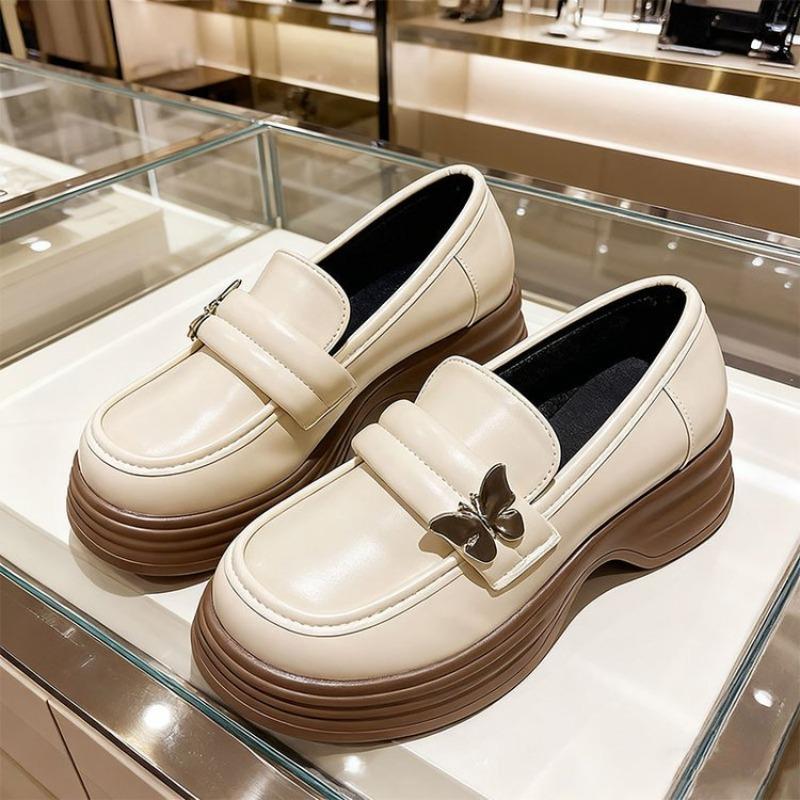 Neue Damen Lederschuhe, Loafer mit dicker Sohle, Klobige Absätze, Mittelhohe Einzelne Schuhe