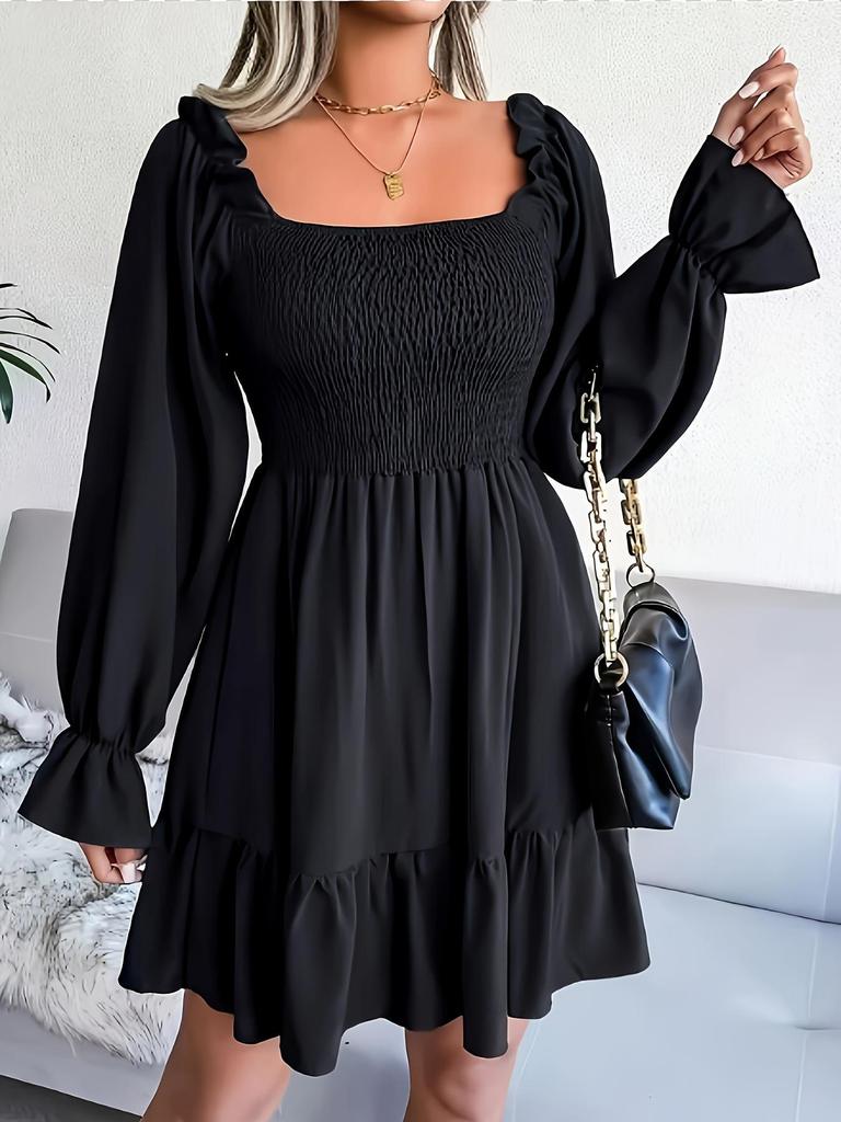 Vestido Longo Europeu & Americano Plus Size com Manga Bufante, Decote Quadrado e Babados