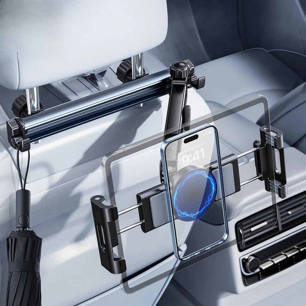Oatsbasf Car Tablet Holder for Headrest Extension Arm Adjustable Car Mount for Back Seat Phone Stand for iPhone iPad with Hooks