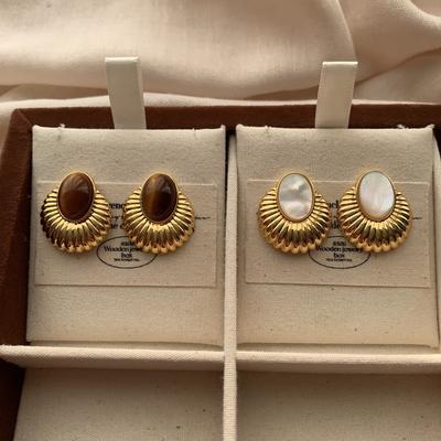 Natural Tiger'S Eye Stone Mother-Of-Pearl Stud Earrings, Elegant Light Luxury Romantic High-End Fashion Three-Dimensional Personality Commute