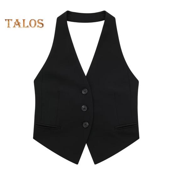 

Летний женский жилет с бретелькой на шее, без рукавов, однобортный, однобортный, однотонный, с карманами, кардиган, деловой стиль, деловой жилет S чёрный