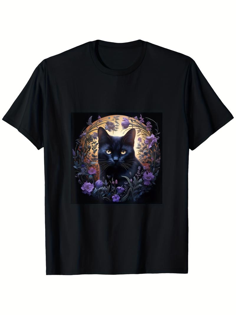Vintage Graphic 100 Cotton TShirt Black Cat With Moon And Flowers Autumn L