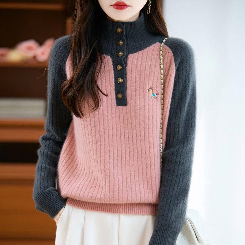 Women's Stand Collar Thick Embroidered Wool Sweater - Autumn/Winter Knitwear with Color Block and Small Horse Logo