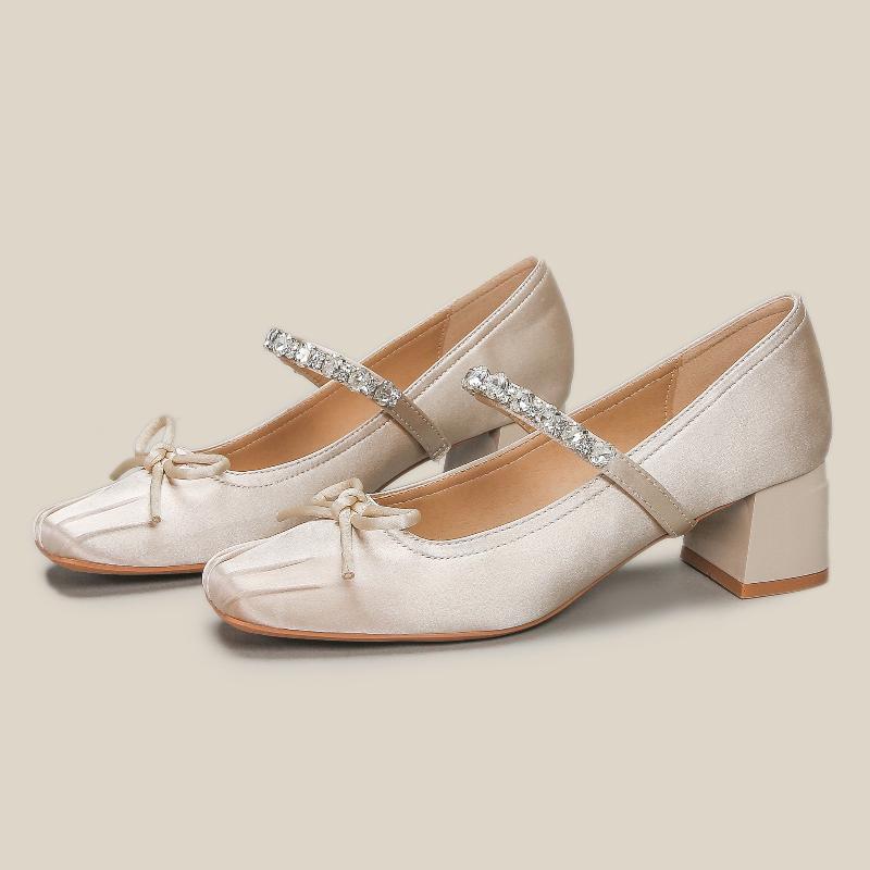Women Comfortable High Heels Summer Chunky Heel Square Toe Bowknot Shoes for Long Standing Advanced Elegance