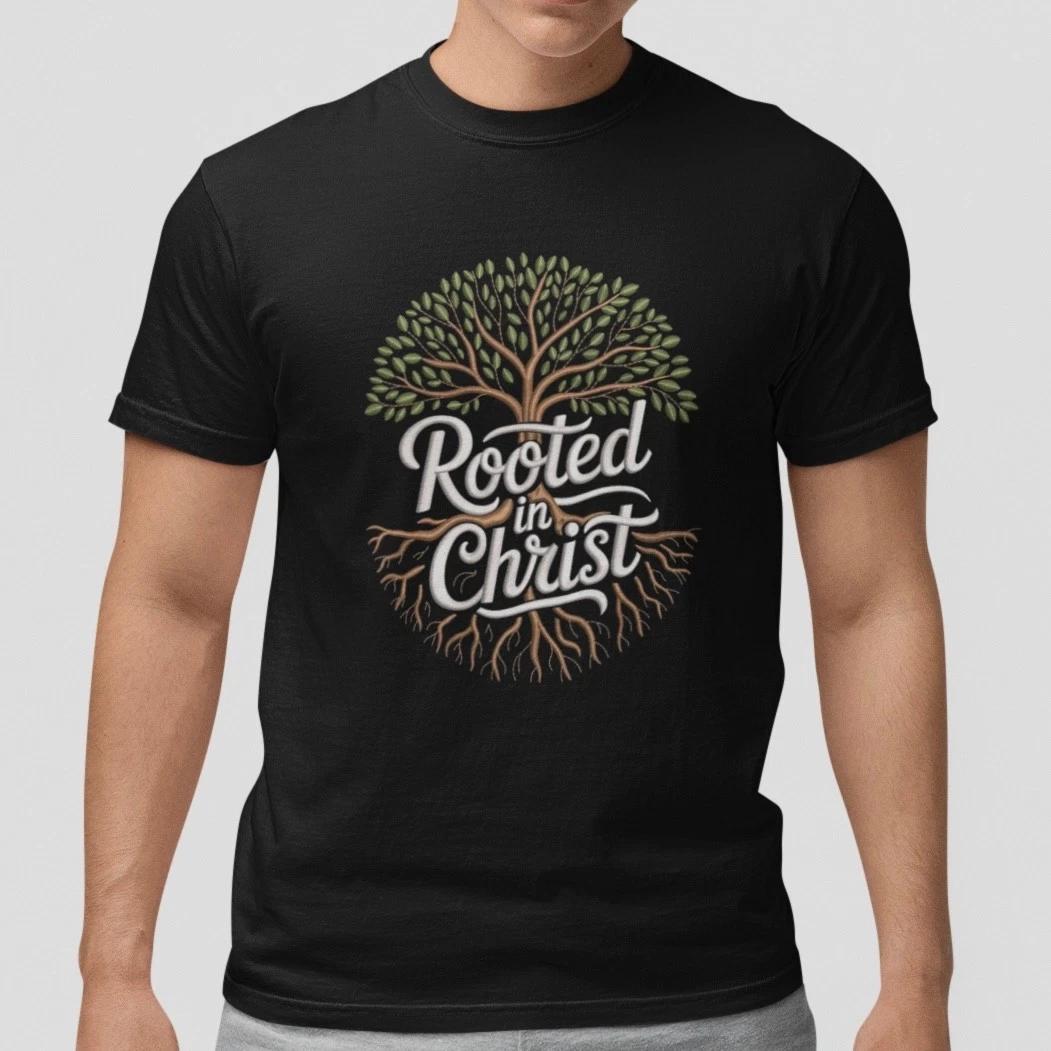 Rooted in Christ Shirt Christian Tree Roots Faith T Shirt Religious Gift Unisex XL