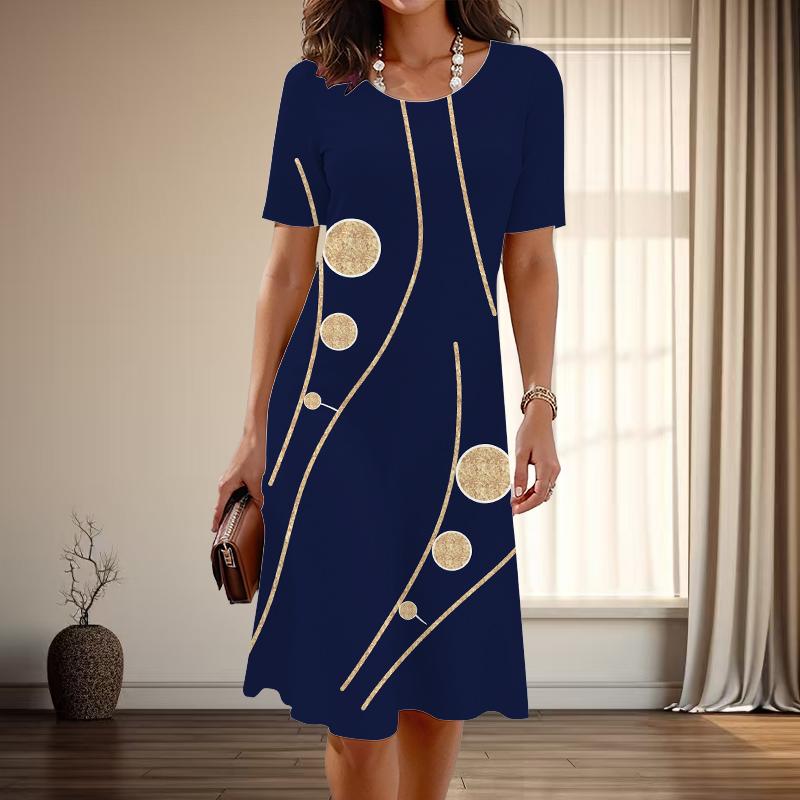 

Жіноча мода з витонченим простим принтом, літо, весна, повсякденні сукні з короткими рукавами та круглим вирізом 3XL синій