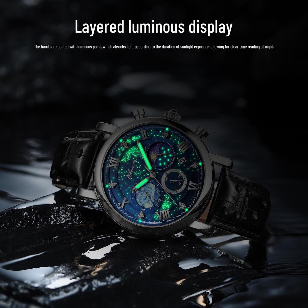 Dawn Sun Moon Stars Multifunctional Men's Quartz Watch with Luminous Moon Phase Chronograph