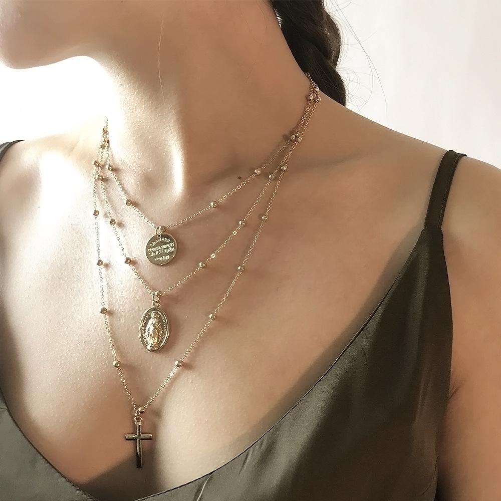 Boho Multi Layered 3 Layers Geometric Blessed Cross Necklace For Women Choker Classic Chain Crystal Necklaces Jewelry Wholesale