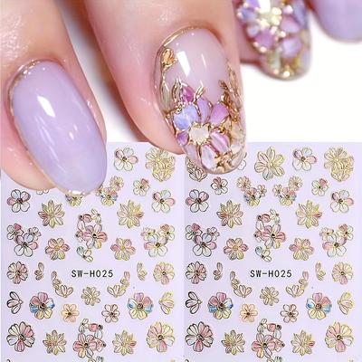 5D Nagelsticker Glitzernde Goldene Gänseblümchen Geometrische Linien Dekor Acryl Geprägte Slider Goldener Rahmen Frühlingsnagelsticker Kirschblüten Maniküre