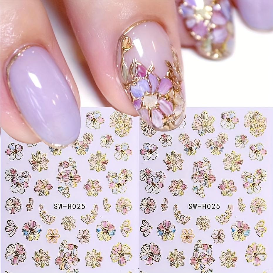 5D Nail Stickers Glitter Golden Dasiy Flowers Geometric Lines Decor Acrylic Embossed Sliders Golden Frame Spring Nail Decals Cherry Blossom Manicure