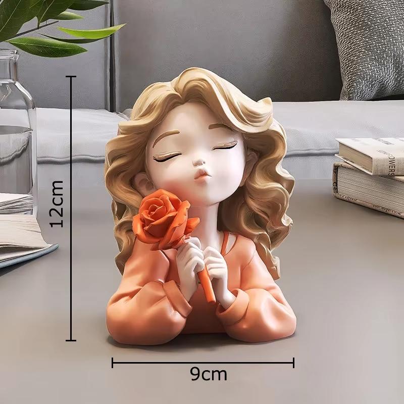 Wavy Blonde Hair Girl Figures Rose Flower Statue Desk Decoration Exquisite Character Resins Sculpture Room Aesthetics Decor
