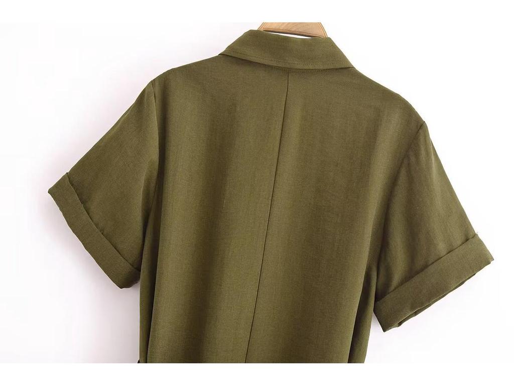 2025 Spring Women's European & American Style Belted Short Sleeve Turn-Down Collar Dress