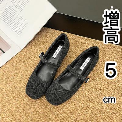 French Retro Square Head Woolen Mary Jane Shoes 2025 New Temperament One-word Buckle Belt Flat Bottom Inner Height Increase Single Shoes Women