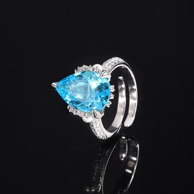 Leichter Luxus Schlichter Wassertropfen Birnenring Blauer Kristall Meerblau Smaragd Offener Ring Damen