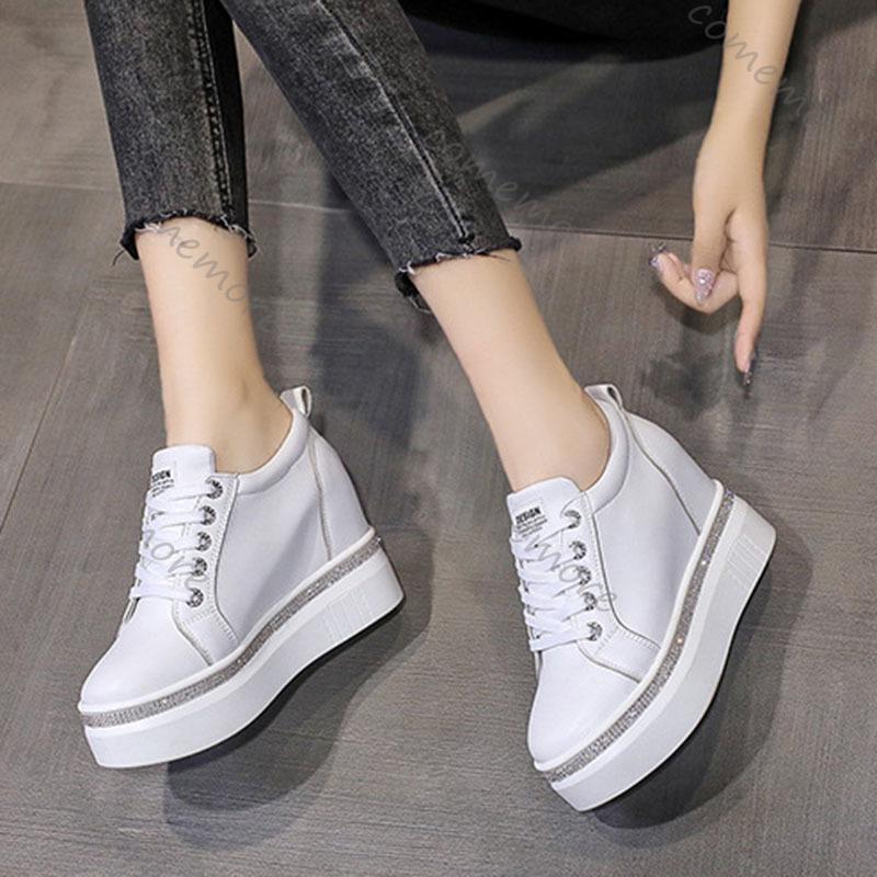Comemore Internal High Vulcanised Shoes Women Spring Autumn Thick Bottom Casual Single Shoes Lace Up Black White Sneakers Women
