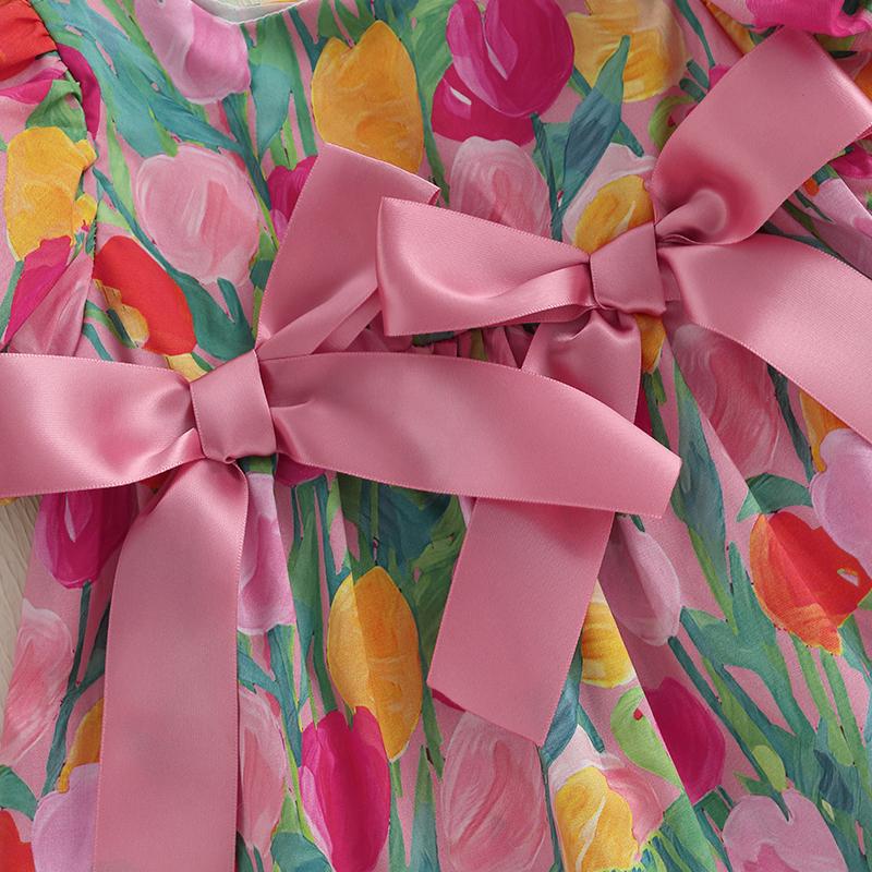 Baby Girl Floral Dress Summer Short Sleeve Square Neck Bow Front Floral Print Loose Dress Toddler Casual Dress