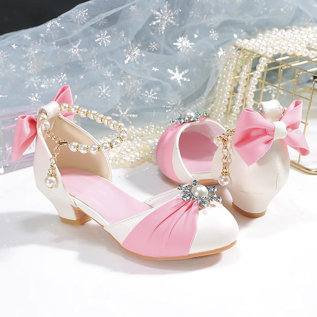 Kids Leather Shoes For Girls Knot Banquet Party Children High Heel Shoe Kids Girls Sandals Student Crystal Princess Shoes