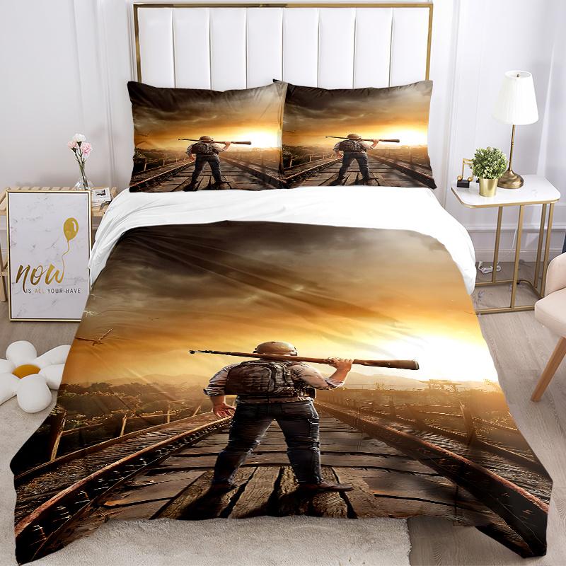 3pcs PUBG Home Decor Bedding Set-Rustic Soldier with Rifle Print-Universal Three-Piece Suit for Bedroom, Guest Room, Living Room, Hotel-Perf