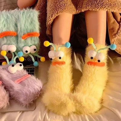 Meias Femininas de Pelúcia de Visão de Minhoca Outono e Inverno Forradas com Lã Grossas e Quentes Fofas e Macias Meias de Cano Médio