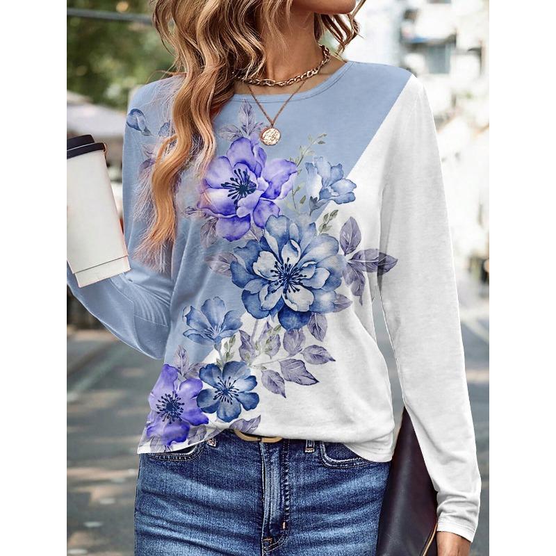 Modischer Damenpullover mit Blumen-/Schmetterlingsgrafik, lässige Streetwear, O-Ausschnitt, Basic, langärmeliges T-Shirt, mikroelastisches Sweatshirt