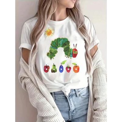 T-shirt da donna traspirante con stampa di frutta e insetti - Top casual a girocollo a maniche corte con tessuto elasticizzato y2k top