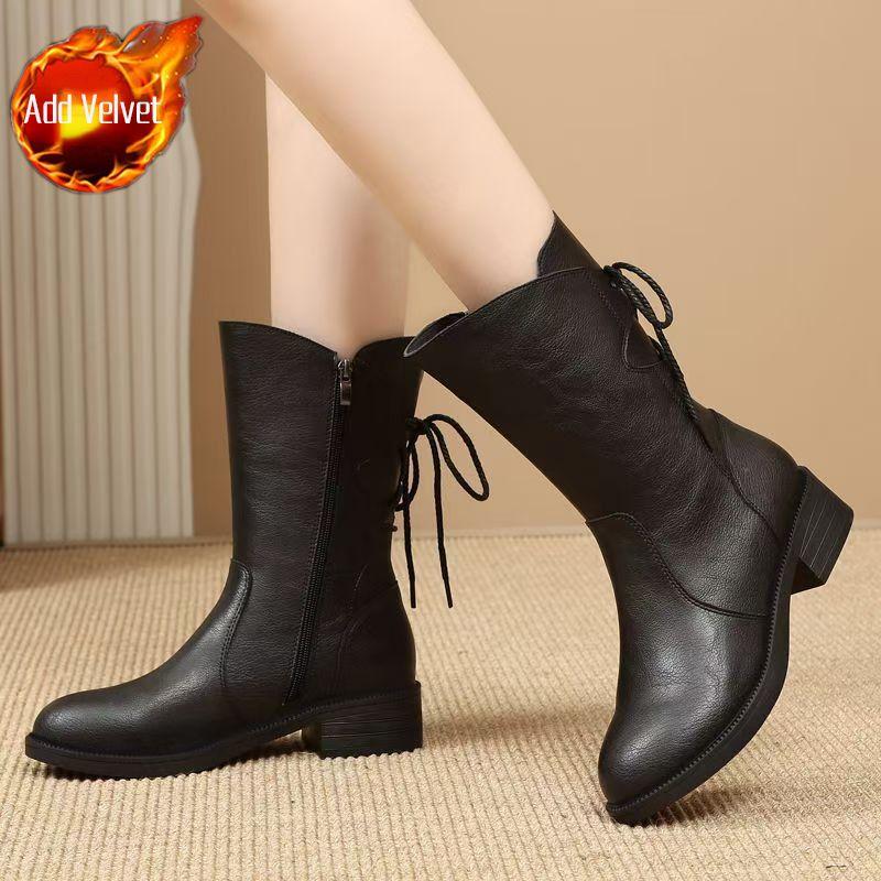 

Fashion Elegant with Low Heels Black Pointed Toe Lace-up Half High Boots for Women Autumn Winter Chic Fleece-Lined Mid Calf Shoes Woman 35
