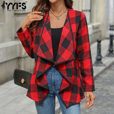 Women's Fashion Casual Plaid Print Autumn Winter Long Sleeve POLO Neck Jackets & Coats